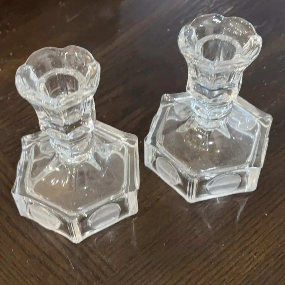 Setof 2  Clear Glass Hexagonal Taper Candle Holders 6